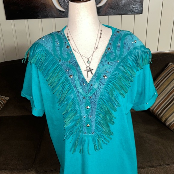 Rare XPeriance Ine Suze Turquoise Western Shirt W/Fringe & Studs - Picture 2 of 16